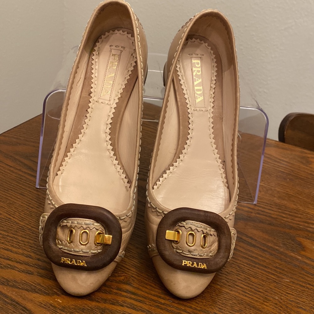 Prada “Calzature Donna” Leather Logo Buckle Block Heels